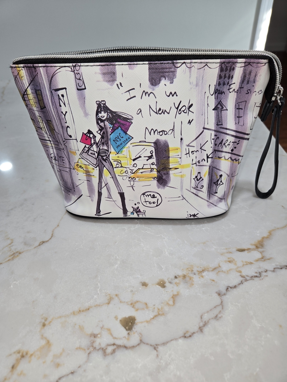 NYC Illustration Zip Cosmetic Pouch - White & Purple